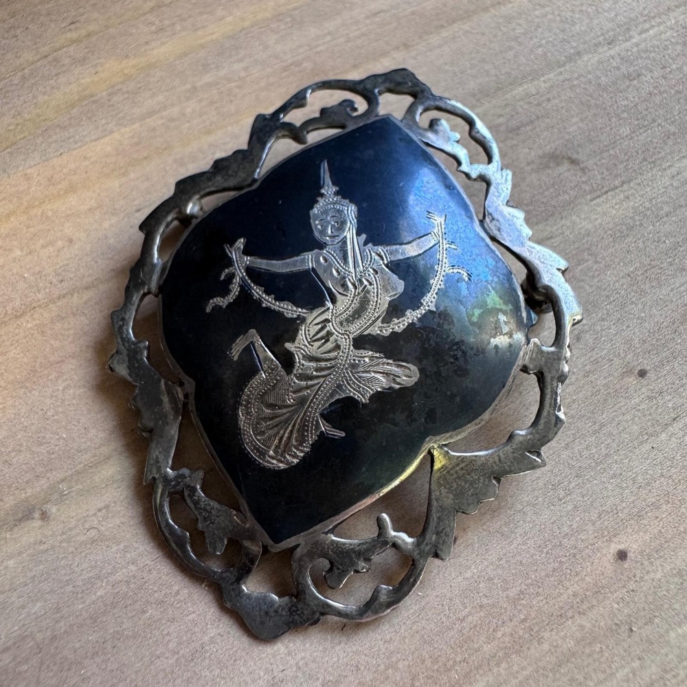 Vintage Amfarco Siam Sterling Silver Niello Brooch Mekkala Goddess 1950s MCM